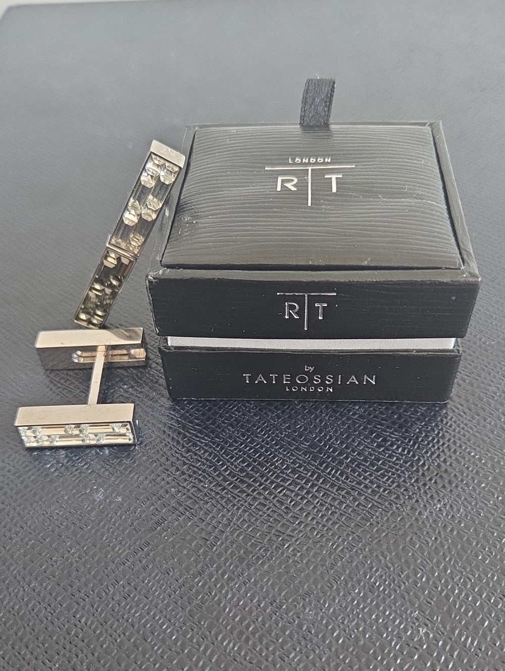 Tateossian Silver Bar Cufflinks with 2 Tones Clear/Dark Crystal Inlay